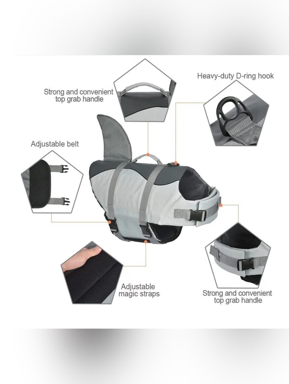 Shark Dog Life Jacket, Adjustable Dog Life Vest with Shark Fin, XL - Picture 3 of 4